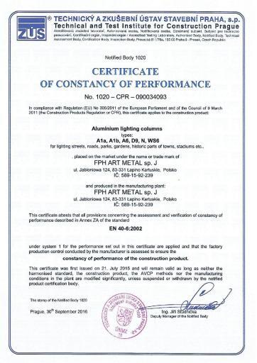 Certyfikat Certificate of constancy of performance - Aluminium poles