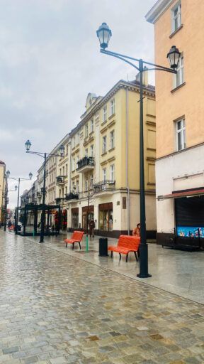 Ulica w centrum Kalisza z oprawą oświetleniową 01D Vera zamontowana na wysokim słupie. Oprawa stanowi element miejskiego oświetlenia w strefie pieszej.