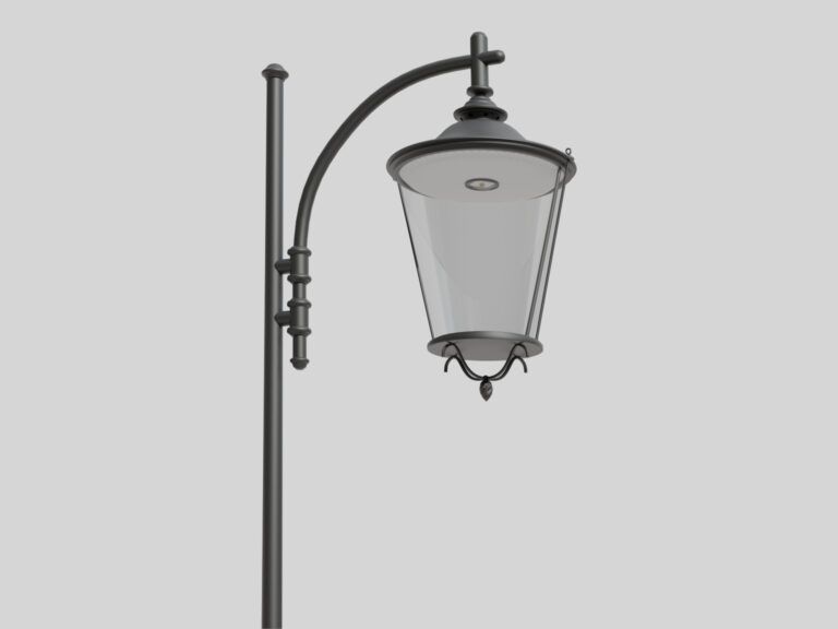 Latarnia uliczna model 03 Libra C zamontowana na dekoracyjnym słupie z wygiętym ramieniem. Czarna oprawa ma szeroki, stożkowy klosz z przezroczystymi szybami oraz centralnie umieszczone źródło światła w górnej części wnętrza.