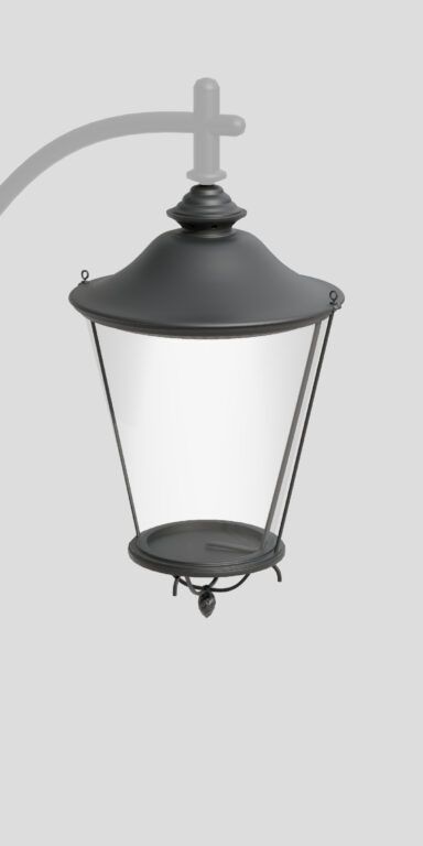 Czarna, klasyczna oprawa uliczna model 03 Libra C z szerokim, stożkowym kloszem i przezroczystymi szybami. Lampa zawieszona na ozdobnym, wygiętym ramieniu, zwieńczona dekoracyjnym zakończeniem u dołu.
