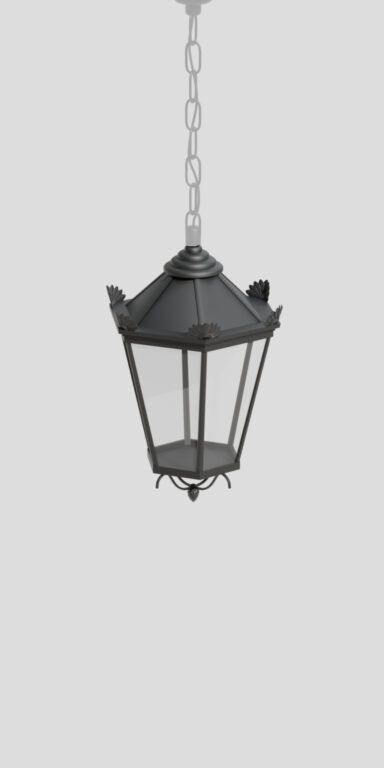 Czarna, wisząca latarnia w stylu retro z ozdobnymi detalami na szczycie i przy podstawie. Lampa ma sześciokątną formę, przeszklone boki i jest zawieszona na dekoracyjnym łańcuchu. Model: AM Belinda B.