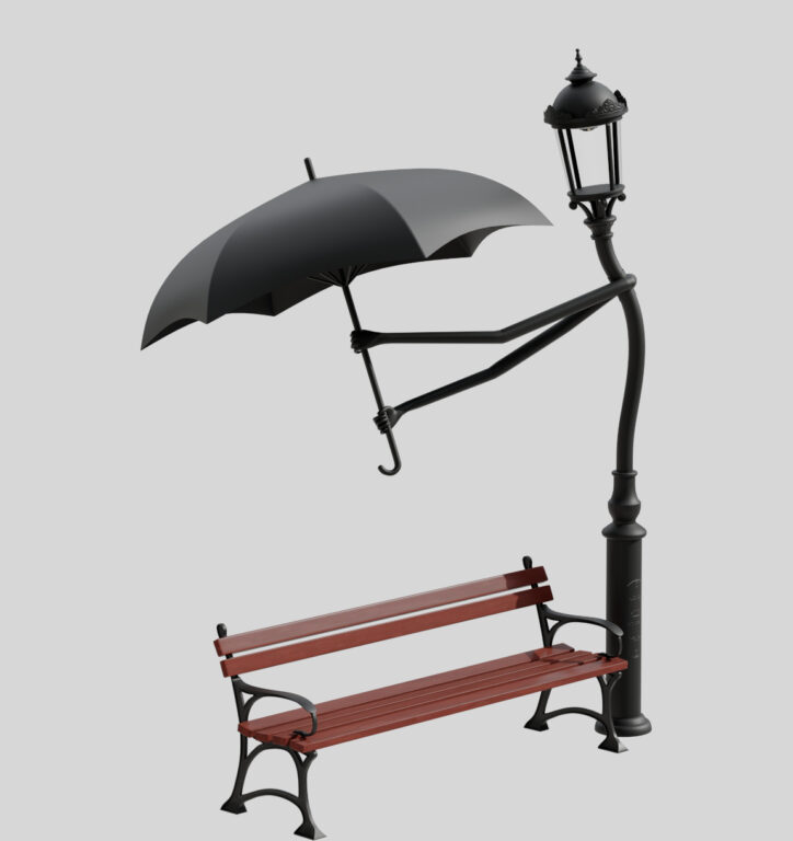 Kombinacja: Ławki LA4 z adaptacją słupa ST3 oraz z parasolem.